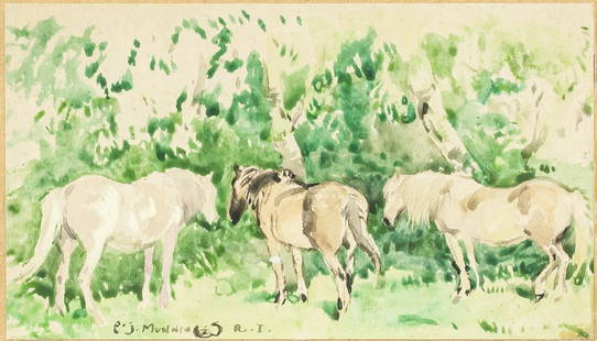 Sir Alfred Munnings UK Watercolor Galerie Beyeler: Watercolor on paper and board, framed. Featuring three horses feeding from some bushes. Signed "e.j. Munnings R. I." on the bottom edge. Label affixed beneath image reads "Sir Alfred Munnings" and