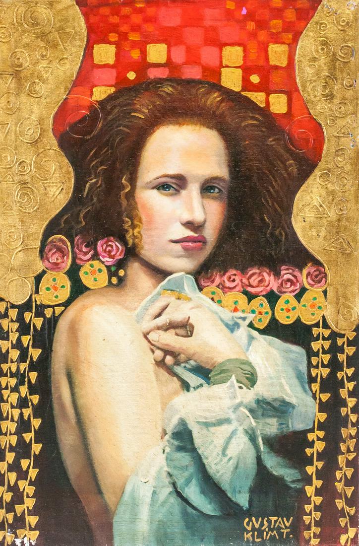Gustav Klimt Austrian Oil on Canvas Galerie Beyele: Oil on canvas. Featuring portrait of a girl with gilded background. Signed "GUSTAV KLIMT" to the bottom right. Stamps on verso read "COLLECTION ALEXIS DUPONT PARIS", "MUSEE D'ORSAY PARIS", and "Galeri