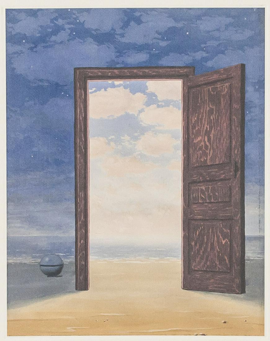 Rene Magritte Belgian Signed Linocut 175/200: Linocut on paper. Featuring a surrealist scene of an open doorway. Signed Magritte and inscribed 175/200 in pencil on the lower right and lower left corner, respectively. Attributed to Rene Magritte (