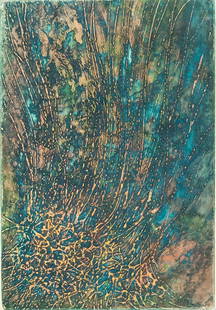 Jean Fautrier French Mixed Media on Paper: Mixed media on paper. Featuring abstract composition reminiscent of a peacock's tail feathers. Signed "Fautrier" in the bottom right corner. Attributed to Jean Fautrier (1898-1964, French). 46 x 32 cm