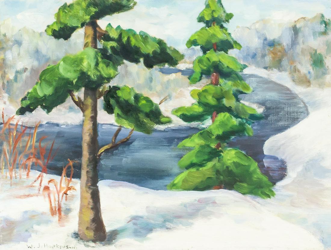 William John Hopkinson Canadian Oil on Board: Oil on board. Featuring snowy landscape scene with a river in the background and evergreens in the foreground. Signed "W. J. Hopkinson" in the bottom left corner. "William John Hopkinson Canadian (188