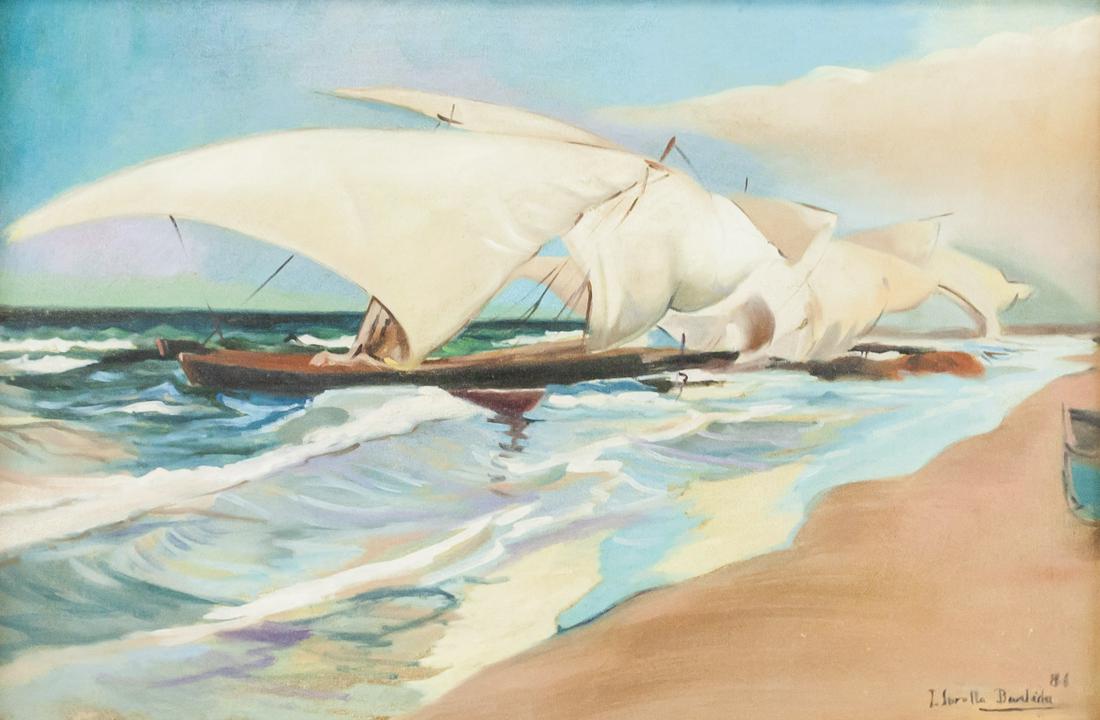Joaquin Sorolla Spanish OOC Galerie Mathias: Oil on canvas. Featuring seaside scene with a number of white sail boats by the sand. Signed "J. Sorolla Bastida" signed in the bottom right corner. Label affixed to verso reads "W. Russel Button, Inc