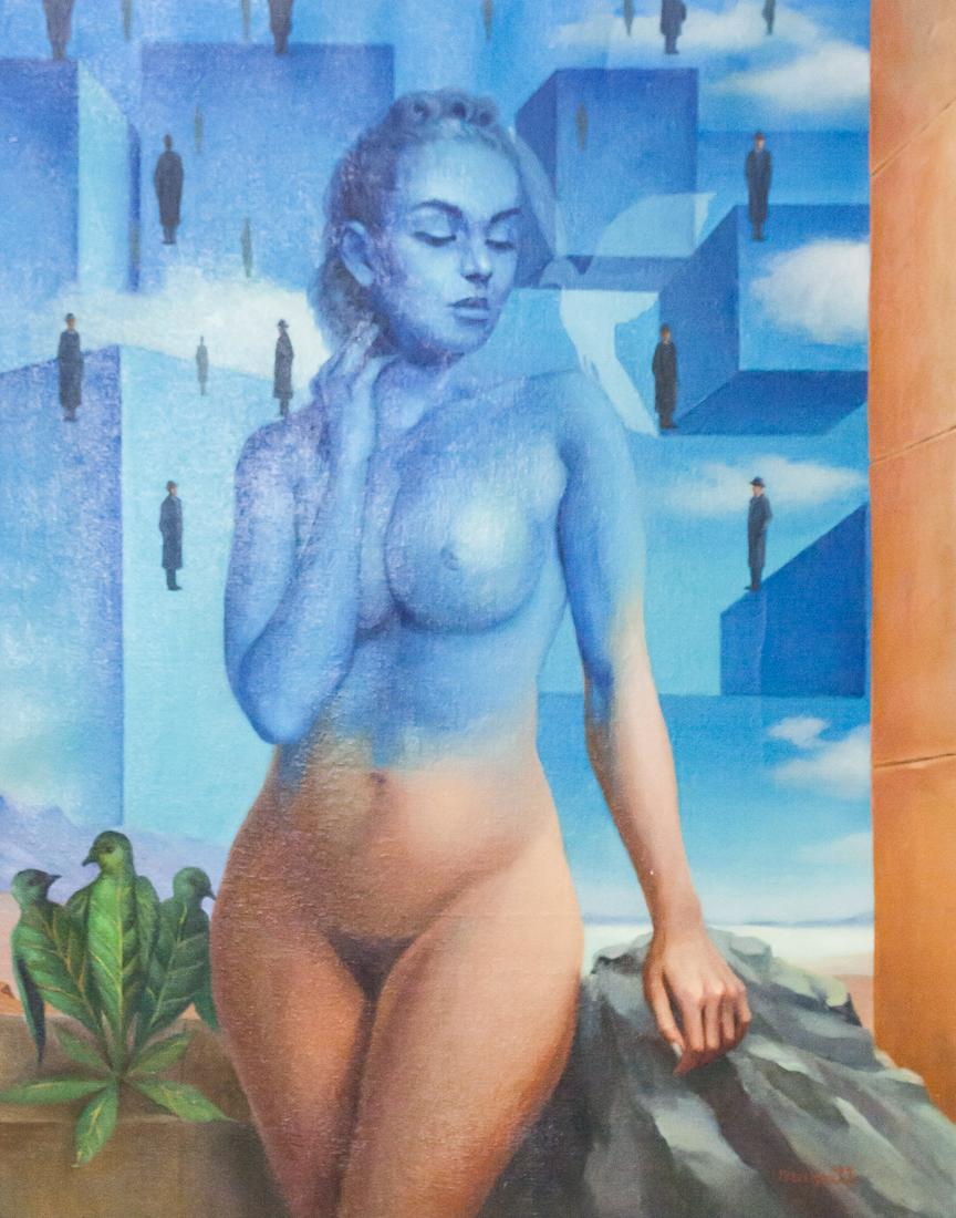 Rene Magritte Belgian Surrealist Oil on Canvas: Oil on canvas, framed. Featuring surrealist composition of a nude woman with her torso in blue. Signed "magritte" in the bottom right corner. Label on verso reads "galleria BLU MILANO". Attributed to 