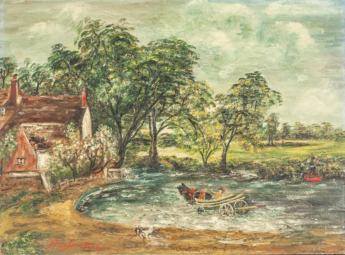 John Constable British Oil/Board Galerie Vallauris: Oil on board. Featuring a horse drawn carriage driving into a pool of water outside a house. Signed "John Constable" to the bottom left. "Galerie Vallauris" stamped four times on verso. "John Contable