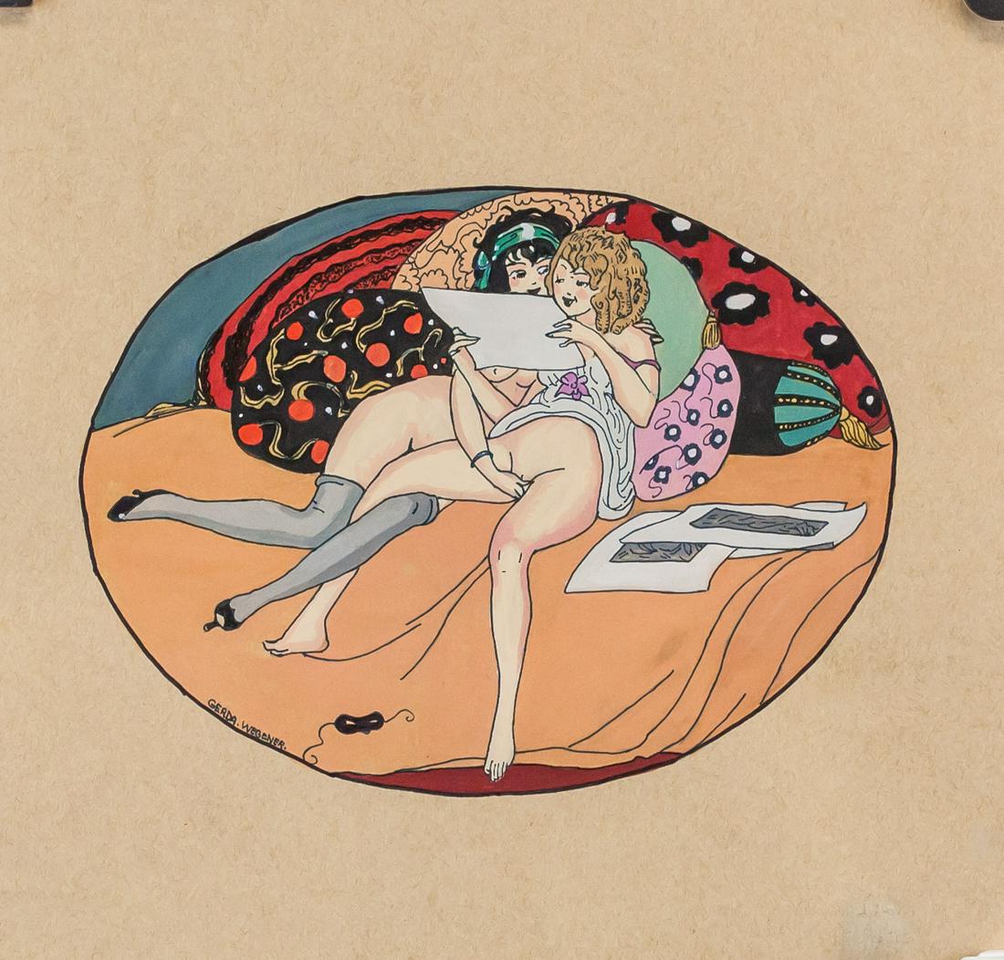 Gerda Wegener Danish Art Deco Gouache on Paper: Gouache on paper. Featuring an amorous couple within circular roundel. Signed GERDA WEGENER alongside lower left corner. Stamped Galerie Beyeler Paris and GALERIE LOUISE LEIRIS and Galerie Mathias Fel