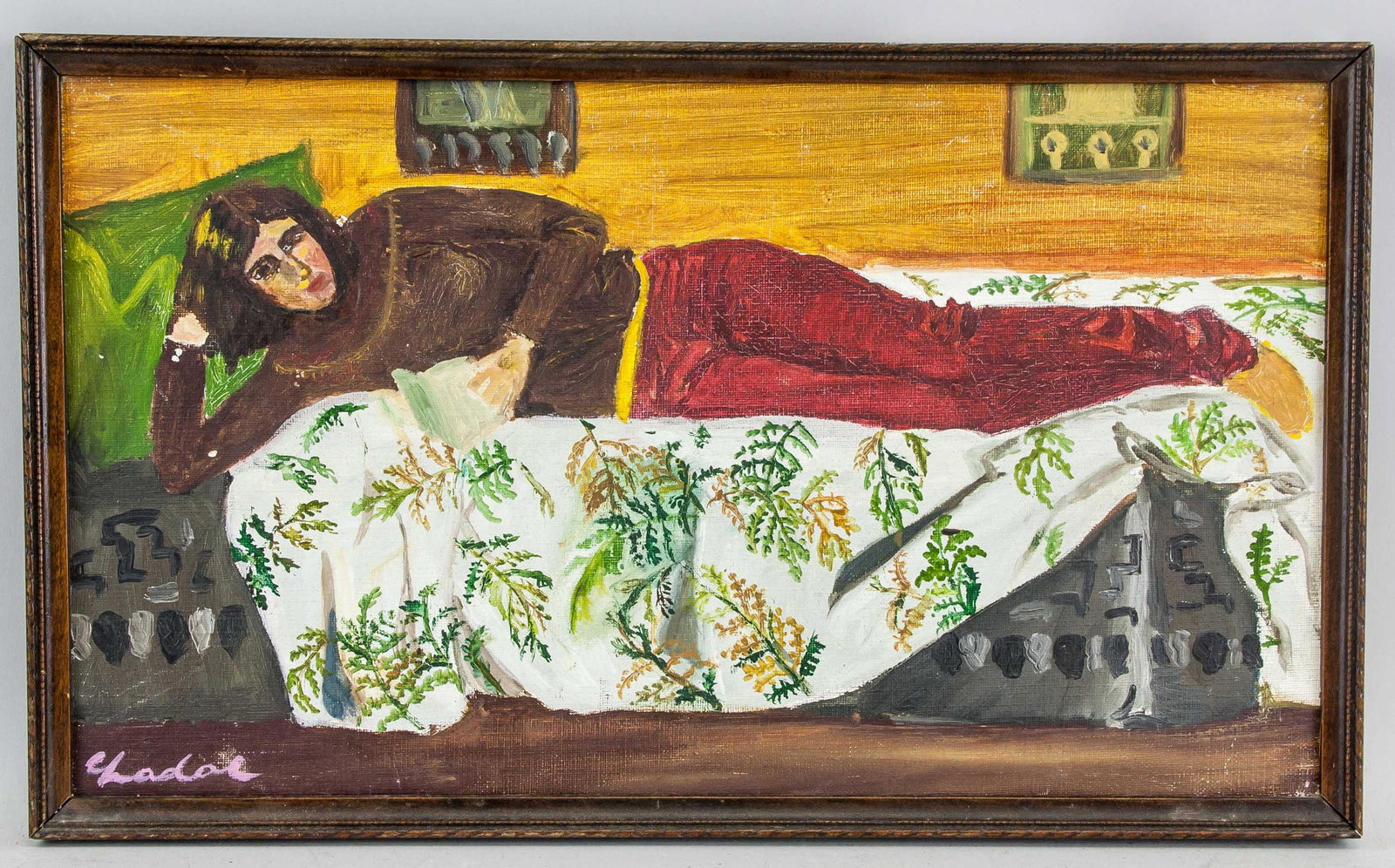 Carlos Nadal Spanish Fauvist Oil on Canvas: Oil on canvas. Featuring a reclining lady atop a bed. Signed Nadal on the lower left corner. Attributed to Carlos Nadal (1917-1998 Spanish). 22.5 x 40 cm (8.9 x 15.7 inches). Provenance: This lot carr