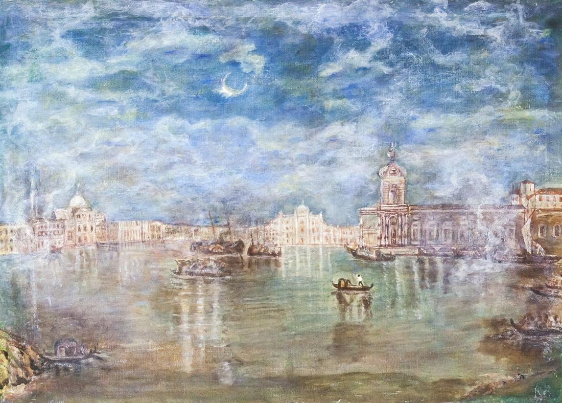 William Turner English Oil on Canvas Attributed: Oil on canvas, framed. Featuring waterside scene with a row of white buildings in the background. Label affixed to verso reads "REEVE & MACKAY [...] ARTIST: Attributed to: J. M. W. Turner (1775-1851)