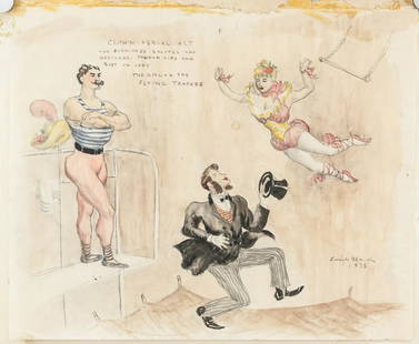 Lucile Blanch US Mixed Media Clown Aerial AcT: Mixed media on paper. Featuring three circus entertainers in different costumes. Titled "CLOWN AERIAL ACT". "OLD FASHIONED SALUTES AND GESTURES. PADDED HIPS AND BUST ON LADY. THE GIRL ON THE FLYING TR