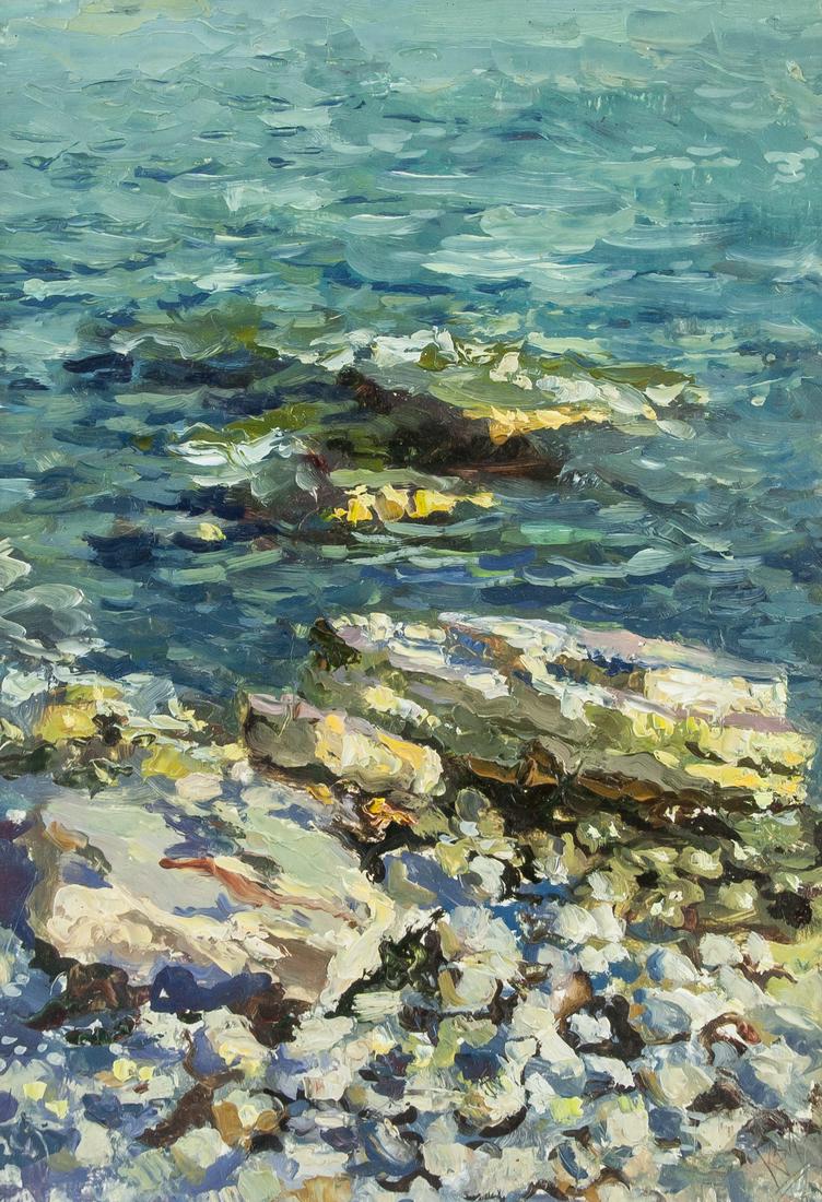 Artist Signed KPM Russian Oil on Paper Seaside: Oil on paper, framed. Featuring a seaside landscape scene. Signed "KPM" by the artist on the lower right corner. 29 x 20 cm (11.5 x 7.8 inches) framed: 49 x 40 cm (19.3 x 15.7 inches)
