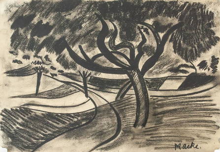 August Macke German Expressionist Charcoal Study: Charcoal on paper. Featuring landscape sketch of a path winding between some trees. Sighed "Macke" in the bottom right corner. "ISAAC VON GRAF PRIVATSAMMLUNG" stamped on verso. Attributed to August Ma