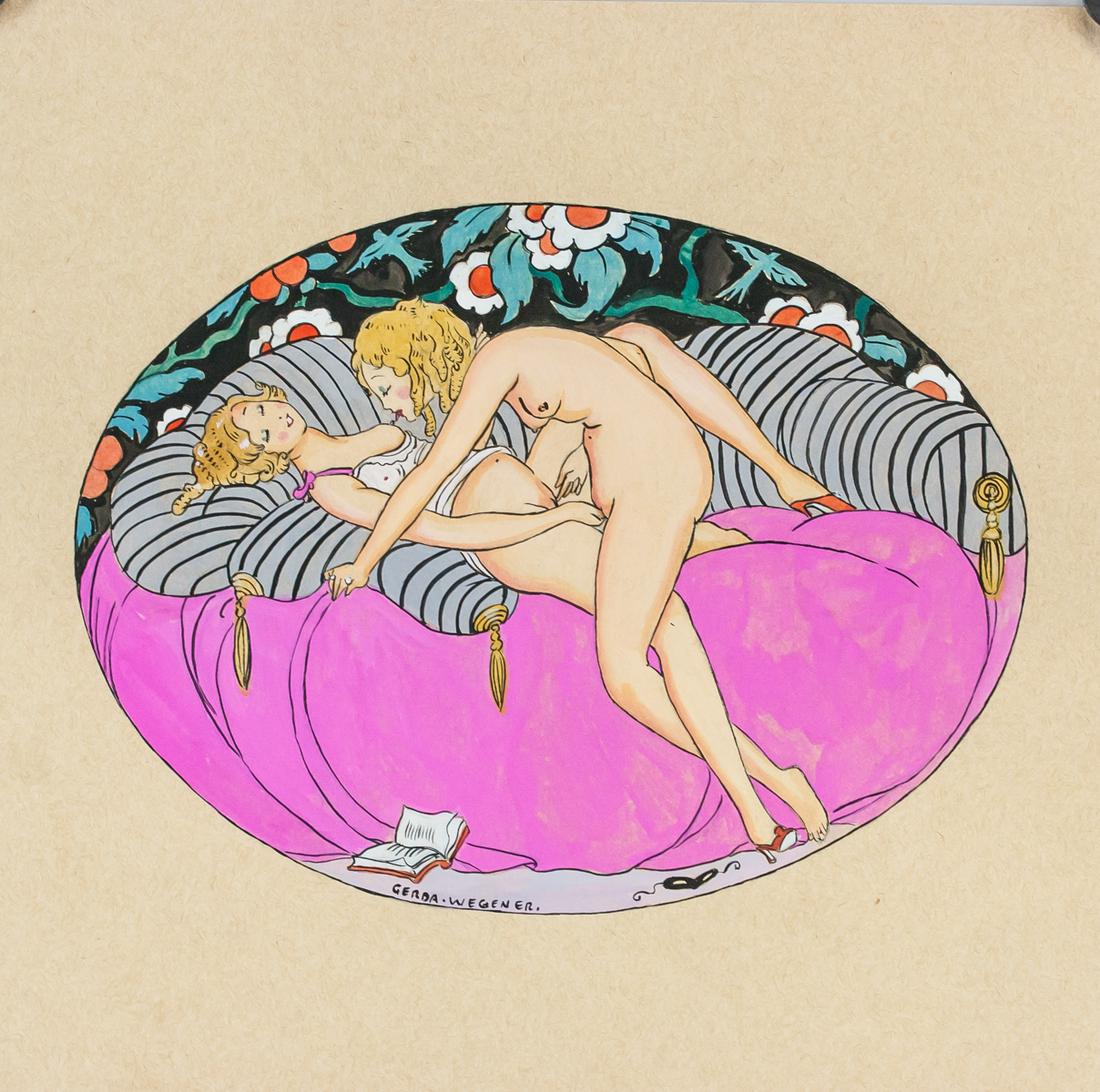Gerda Wegener Danish Gouache and Ink on Paper: Gouache and ink on paper. Featuring amorous scene with two women. Signed "GERDA WEGENER" to the bottom center. Stamped on verso with "Galerie Mathias Fels PARIS", "Galerie Beyeler Paris", and "GALERIE