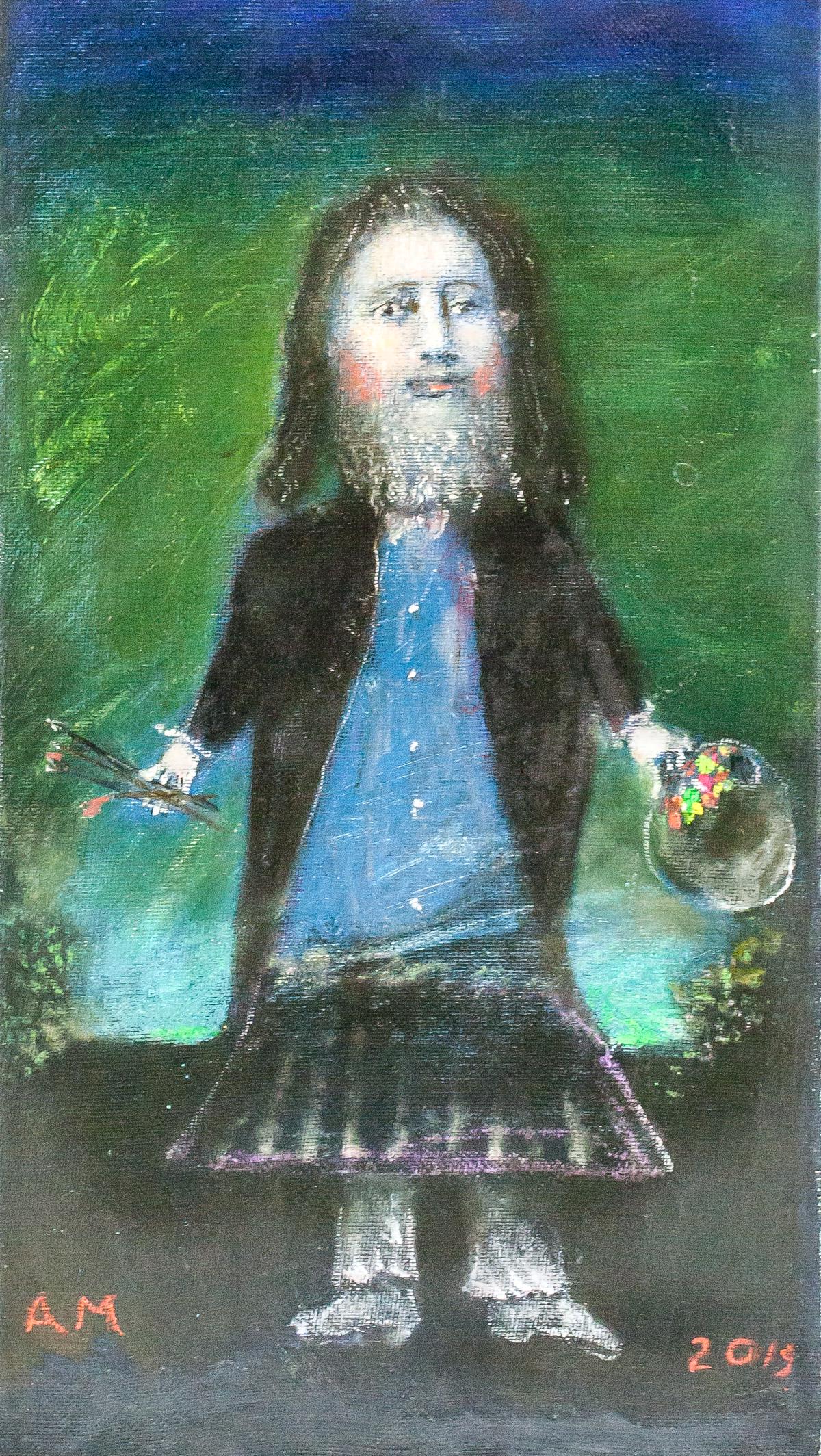 Andrei Medvedev 1960- Russian OOC Portrait 2019: Oil on canvas. Featuring a portrait scene. Entitled, "Self Portrait". Signed by Andrei Medvedev (1960-, Russian) and dated 2019 on the lower left and lower right corner, respectively. Inscribed with a