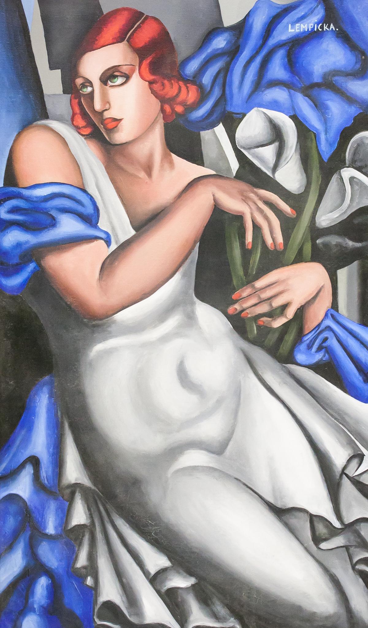 Tamara de Lempicka Polish OOC GALAERIE DU LUXEMBOU: Oil on canvas, framed. Featuring a red-haired woman in a white dress looking off to the side. Signed "LEMPICKA" in the top right corner. Label affixed to frame on verso reads "GALAERIE DU LUXEMBOURG 9