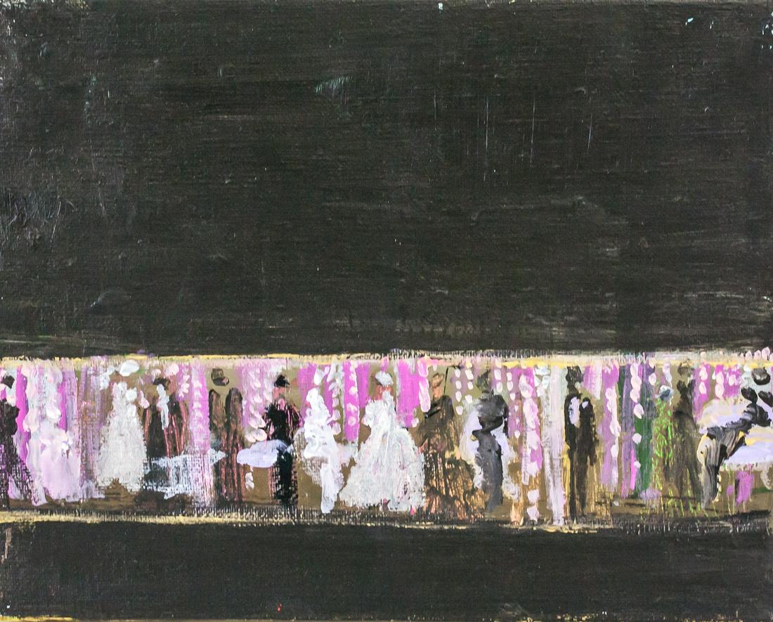 Franco Mondini-Ruiz 1961- American Acrylic (2008): Acrylic on canvas. Featuring extravagant party scene with well-dressed men and women. "The Velvet Underground" inscribed on verso. Signed by Franco Mondini-Ruiz (1961- , American) on verso and dated 2