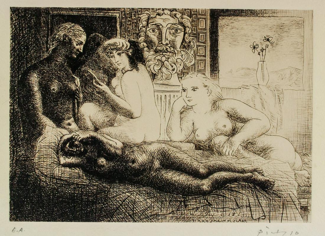 Pablo Picasso Spanish Cubist Linocut Signed E.A.: Linocut on paper. Featuring a portrait of several nude woman. Signed Picasso and inscribed E.A. on the lower right and lower left corner, respectively. Attributed to Pablo Picasso (1881-1973, Spanish)
