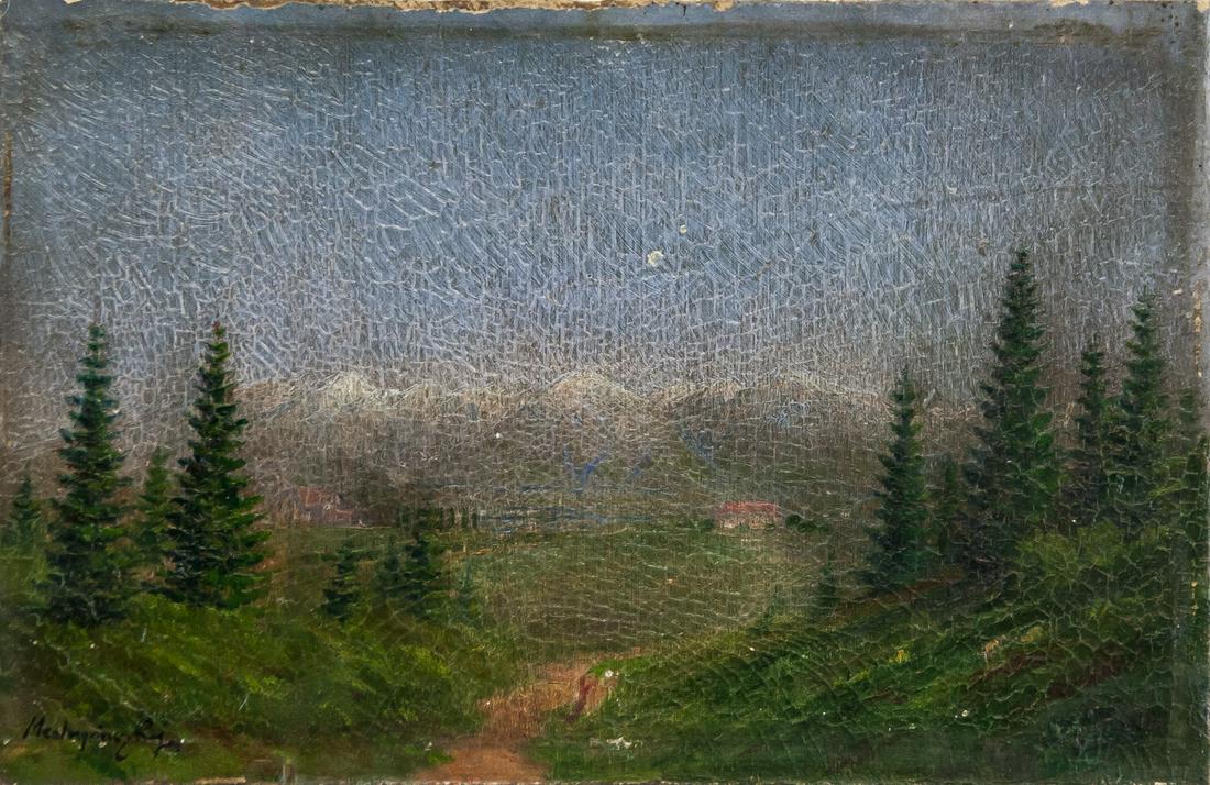 Laszlo Mednyanszky Hungarian Modernist Oil Board: Oil on board, framed. Featuring a landscape scene. Signed Mednyanszky on the lower left corner. Attributed to Laszlo Mednyanszky (1852-1919, Hungarian). 16 x 24.5 cm (6.3 x 9.6 inches). Framed size: 2