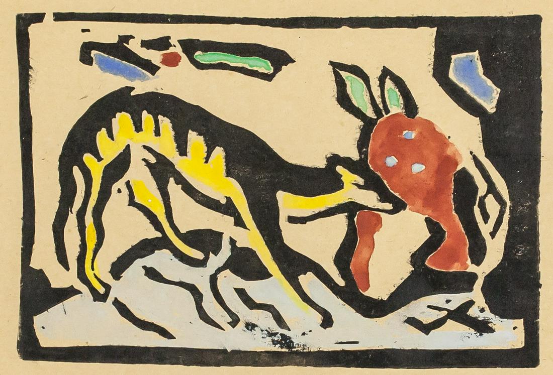 Franz Marc German Signed Woodcut on Paper: Woodcut on paper. Featuring an abstract composition with dog. Signed Fr Marc in pencil on the lower right corner. Chopmark on the lower right corner of verso. Attributed to Franz Marc (1880-1916, Germ