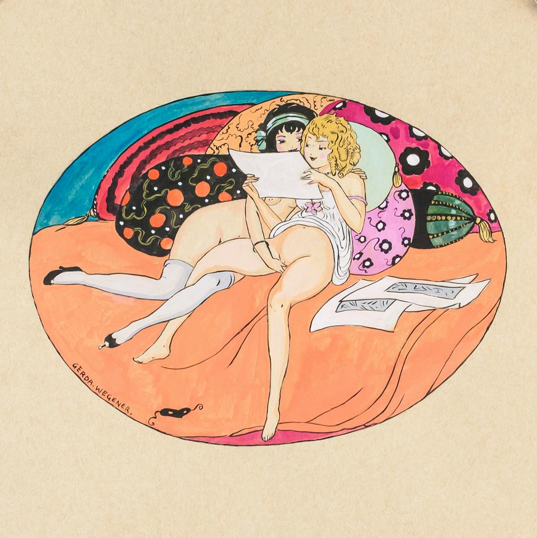 Gerda Wegener Danish Gouache and Ink on Paper: Gouache and ink on paper. Featuring two nude woman reclined against a large pile of pillows. Signed "GERDA WEGENER" to the bottom left. Stamped on verso with "Galerie Mathias Fels PARIS", "Galerie Bey