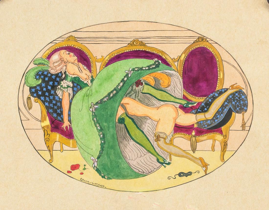 Gerda Wegener Danish Mixed Media on Paper: Mixed media on paper. Featuring amorous scene. Signed "GERDA WEGENER" to the bottom left of the image. Stamped on verso with "Galerie Beleyer Paris" and "GALERIE MATHIAS FELS & C". Attributed to Gerda