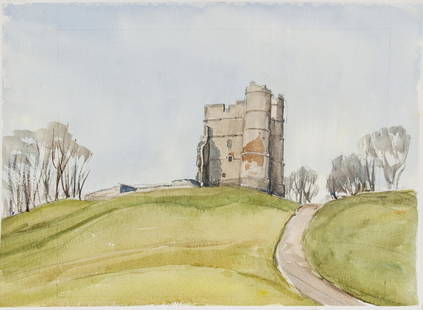 Winifred Nicholson UK 1893-1981 WC on Paper: Watercolor on paper. Featuring landscape scene with a castle atop a mound. 11 x 15 in. (28 x 38 cm). Signed Winifred Nicholson on verso. Winifred Nicholson was a British painter. She was married to th