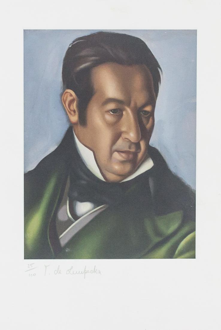 Tamara de Lempicka Polish Litho on Paper 25/100: Lithograph on paper. Featuring portrait of a man in a green coat. "25/100" inscribed to the bottom left. Signed "T. de Lempicka" beneath the image. Attributed to Tamara de Lempicka (1898-1980, Polish)