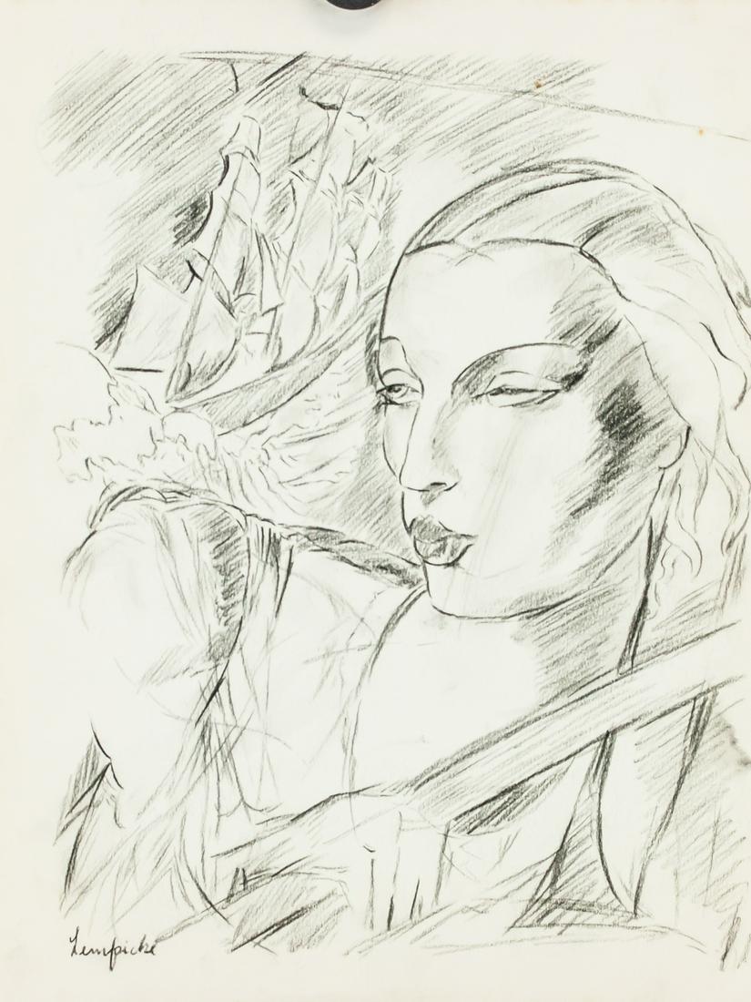 Tamare de Lempicka Polish Graphite on Paper: Grpahite on paper. Featuring portrait of a woman with a ship in the background. Signed "Lempicka" in the bottom left corner. Stamp on verso reads "HAMMER GALLERIES". Attributed to Tamara de Lempicka (