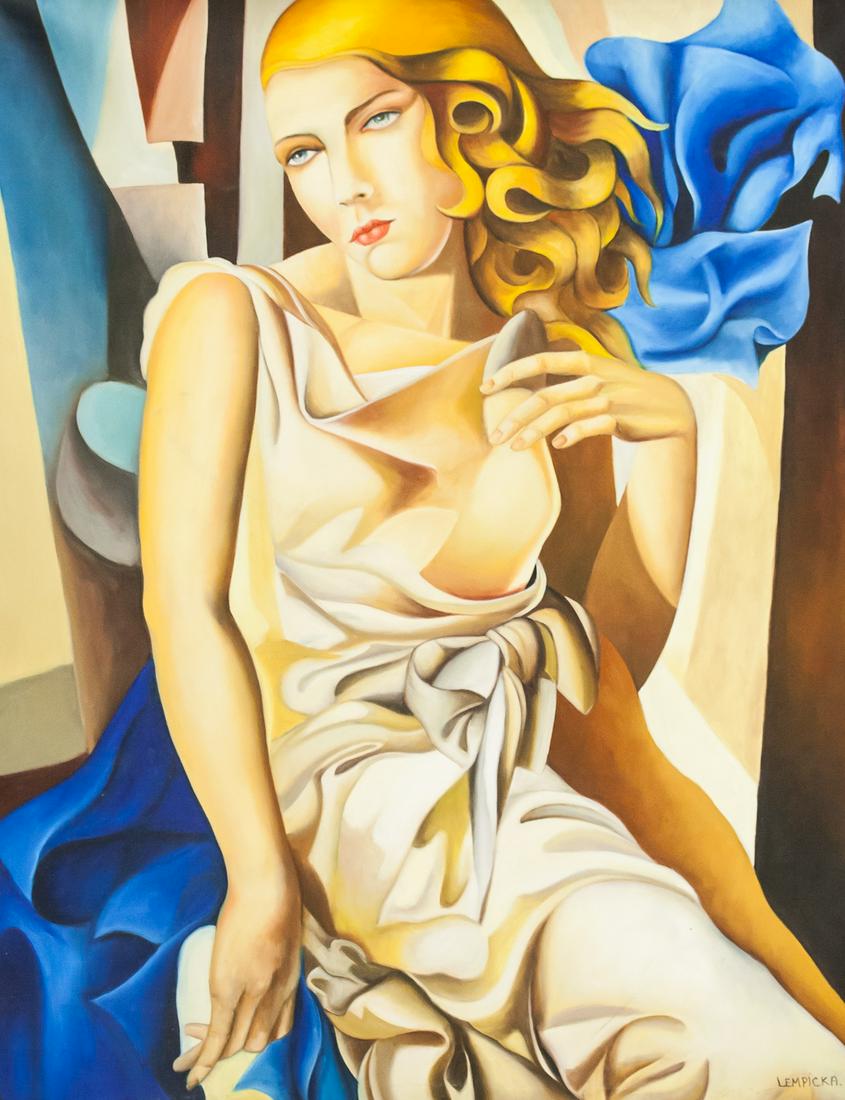 Tamara de Lempicka Polish Oil on Canvas GALERIE SI: Oil on canvas. Featuring portrait of a blonde woman in the art deco style. Signed "LEMPICKA" in the bottom right corner. "LEMPICKA" inscribed on verso. Label on verso reads "GALERIE SIMON". Attributed