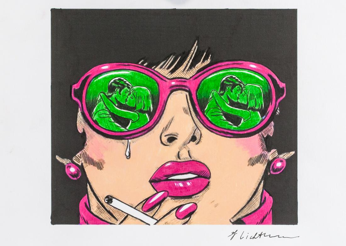 Roy Lichtenstein American Mixed Media on Paper: Mixed media on paper. Featuring portrait of a woman wearing pink glass with green lenses, holding a cigarette between her fingers. A pair of kissing people are reflected in her glasses as a tear rolls