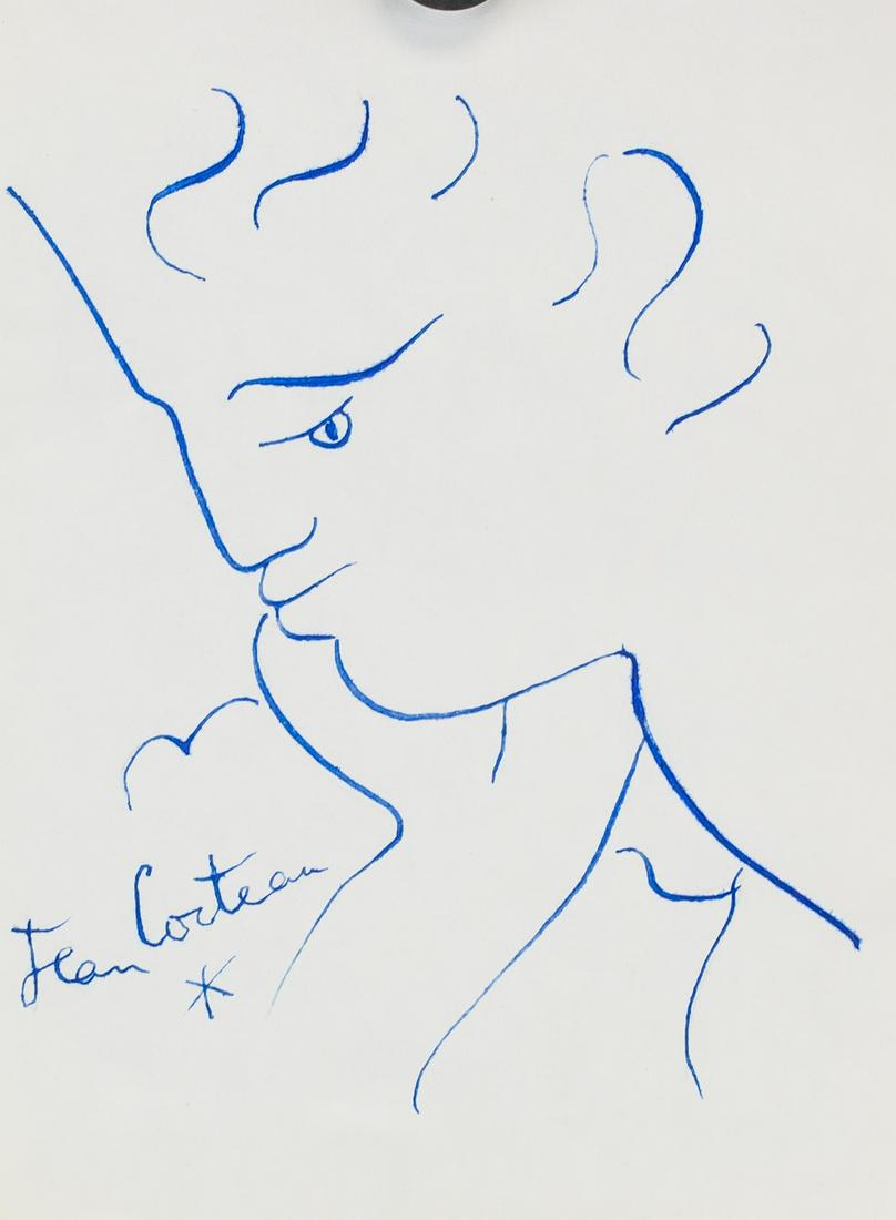 Jean Cocteau French Cubist Ink on Paper: Ink on paper. Featuring portrait sketch. Signed "Jean Cocteau" to the bottom left. After Jean Cocteau (1889-1963, French). 23 x 17 cm (9 x 6.5 in).