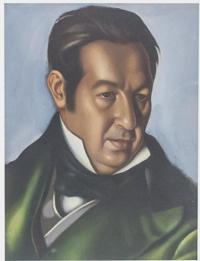 Tamara de Lempicka Polish Litho on Paper 25/100: Lithograph on paper. Featuring portrait of a man in a green coat. "25/100" inscribed to the bottom left. Signed "T. de Lempicka" beneath the image. Attributed to Tamara de Lempicka (1898-1980, Polish)