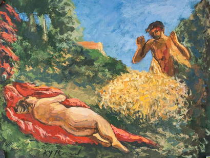 French Oil & Tempera on Paper Signed KY Roussel: Oil and tempera on paper. Featuring two nudes, Adam and Eve. Signed KY Roussel on the lower edge. Inscribed Ker Xavier Roussel 82 on verso. Also stamped D on verso. 20 x 26 cm (7.75 x 10 inches).