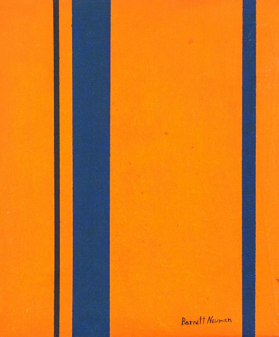 American Oil on Canvas Signed Barnett Newman: Oil on canvas. Featuring three blue vertical stripes on orange background. Signed "Barnett Newman" to the bottom right. 49 x 42 cm (19.5 x 16.5 in). Provenance: This lot carries limited provenance fro