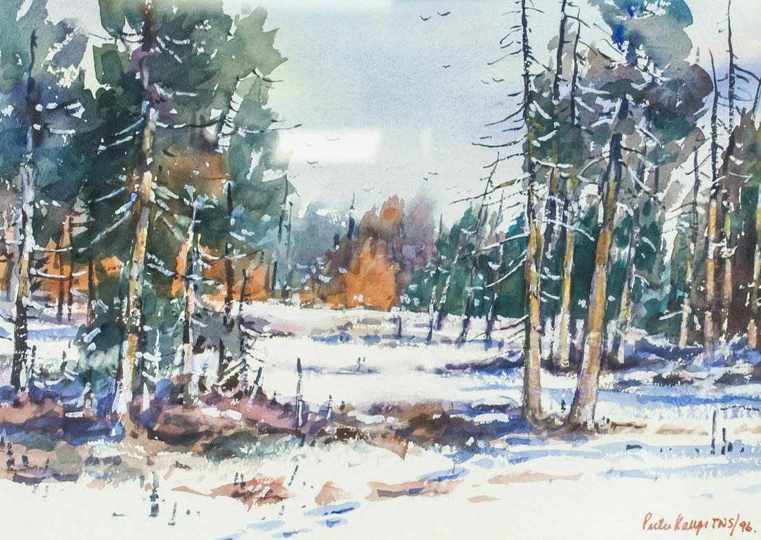 Peeter Kaups 1923-2006 Estonian Watercolor Paper: Watercolor on paper, framed. Featuring snowy landscape with a scattering of trees. Signed by artist Peeter Kaups to the bottom right. "96" inscribed beside the signature. Label on vereso reads "The Cl