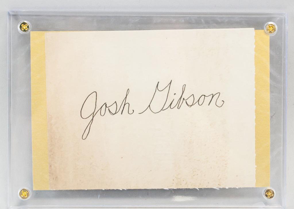 Signed "Josh Gibson" American Authograph Card: Signed "Joshua Gibson" autograph pressed between glass. Accompanied with certificate of authentication. 10 x 13.2 cm, Case size: 12.8 x 17.5 cm.