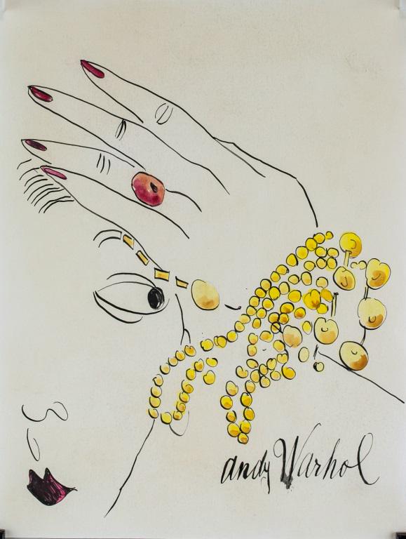 American Pop Ink on Paper Signed Andy Warhol: Ink on paper. Featuring a portrait with hand lifted to show adornment of rings, bracelets, and jewellery. Signed Andy Warhol on the lower right corner. 33 x 25 cm (13 x 10 in). Provenance: This lot ca