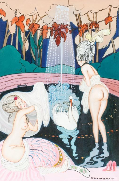 Danish GERDA. WEGENER 1918 Galerie Beyeler Paris: Oil on canvas. Featuring two woman bathing in a fountain, with a swan in the center. Signed "GERDA. WEGENER" in the bottom right corner, with "1918" inscribed beside the signature. Label affixed to ve