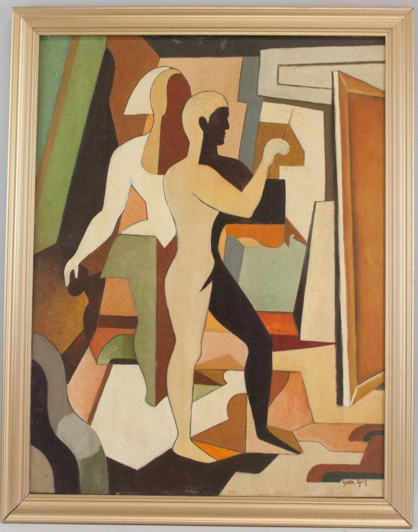 Spanish Oil on Canvas Signed Juan Gris: Oil on canvas, framed. Featuring cubist composition. Signed "Juan Gris" to the bottom right corner. With concentric circles painted on verso. Signed "Juan Gris" to the bottom right corner. Label on ve