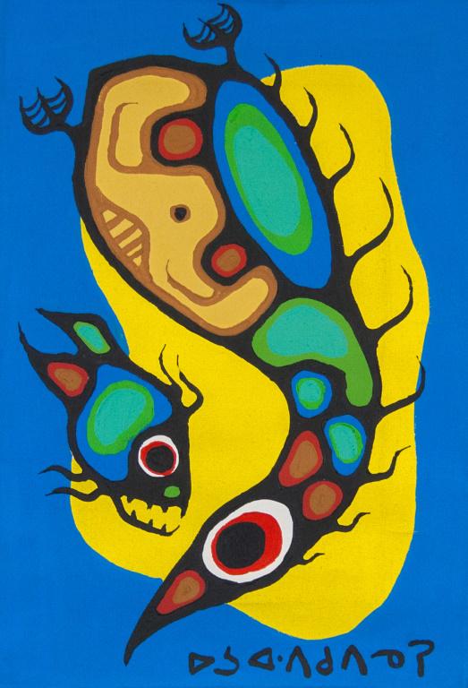 Norval Morrisseau 1932-2007 Canadian Acrylic: Acrylic on canvas. Titled "Coons and Fish Sacred Dance". Featuring coon and fish against a blue and yellow background. Signed by Norval Morrisseau (1932-2007, Canadian) to the bottom right corner. "No
