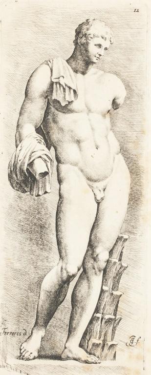 Linocut Etching Jan de Bisschop Sculpture Hermes: Linocut etching on paper. Featuring statue of nude Hermes. "Antinous Belvedere Vatican" inscribed on verso. "De Bishop [illegible]" inscribed on verso. 25.5 x 15 cm (10 x 6 in).