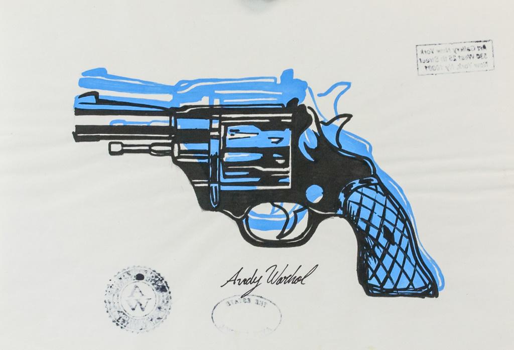 American Mixed Media on Paper Signed Andy Warhol: Mixed media on paper. Featuring image of a gun, overlaid by the same image in blue ink, slightly offset. Signed "Andy Warhol" beneath the image. Three stamps on verso: "Art Gallery New York 530 West 2