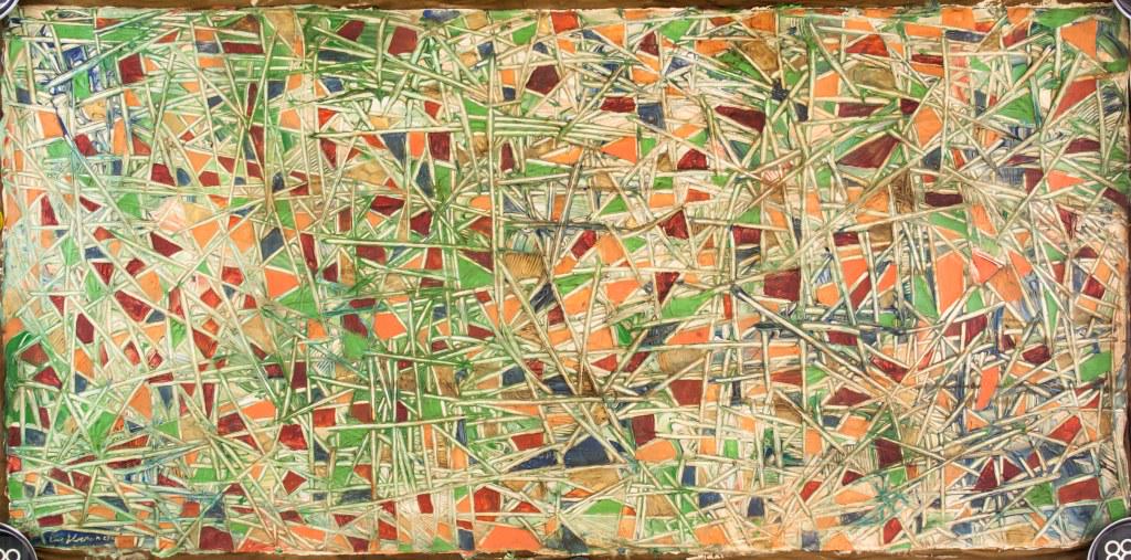 American Abstract Oil on Canvas Signed Lee Krasner: Oil on canvas. Featuring abstract composition. Signed "Lee Krasner" to the bottom left corner. Stamp on verso inscribed with "Lee Krasner RM 520". 66 x 122 cm (25.5 x 48 inches).