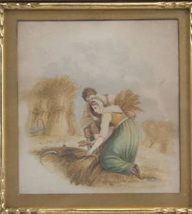 Richard Westall Print on Paper Baxter Patentee: Print on paper, framed. Featuring a couple collecting hay in the fields. "Printed by Baxter Patentee from a Painting by R. Westall R.A" printed to the bottom right. Original painting by Richard Westal