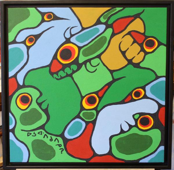 Norval Morrisseau (Canadian,1932-2007), acrylic on: Norval Morrisseau (Canadian,1932-2007), acrylic on canvas, signed. Certified by David Morrisseau (eldest son) 1977, title : "Spirit Journey", 24 1/2"x 24 1/2"