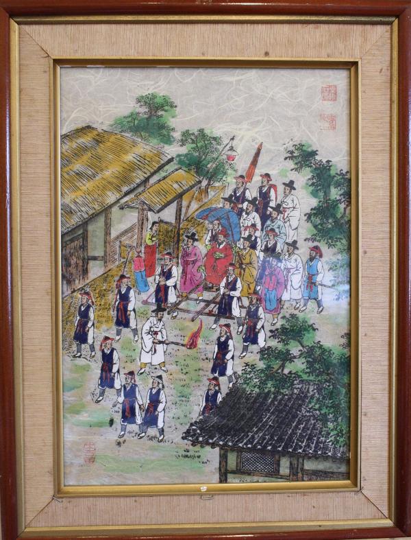 Antique Korean water colour, unknown artist, signe: Antique Korean water colour, unknown artist, signed and seal, 11 1/2"x16"