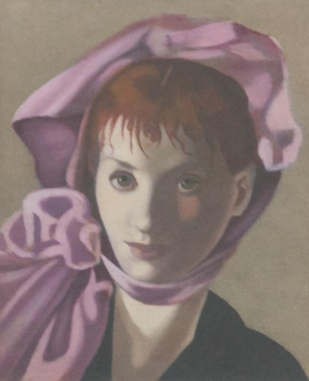 Polish Linocut Signed Tamara de Lempicka 12/100: Linocut on paper. Featuring a woman with a pink head wrap. Signed "T. de Lempicka" to the bottom left. "12/100" inscribed to the left of the signature. Image size: 18 x 15 cm (7.0 x 5.9 inches). Sheet