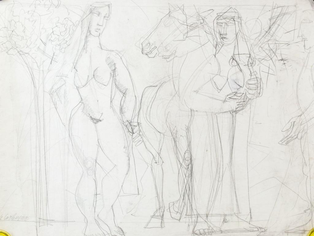 Swiss-French Graphite Study Signed Le Corbusier: Graphite on paper. Featuring a sketch study of nude figures. Signed Le Corbusier on the lower left corner. 36 x 46 cm (14 x 18 inches). Provenance: This lot carries limited provenance from a Southern