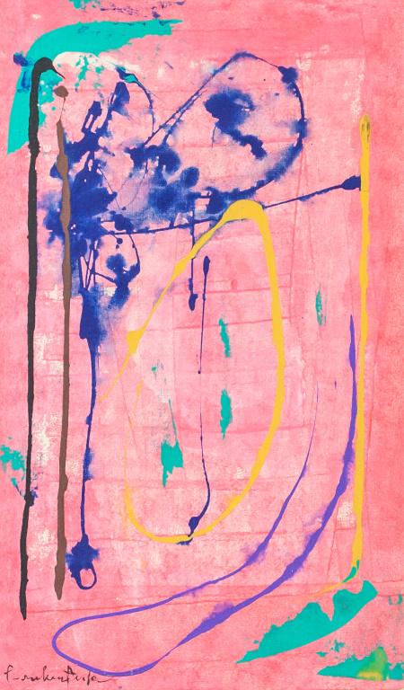 American Oil on Canvas Signed Frankenthaler: Oil on canvas. Featuring an abstract expressionist composition. Signed Frankenthaler on the lower left corner. 59 x 35 cm (23 x 14 inches). Provenance: This lot carries limited provenance from a South