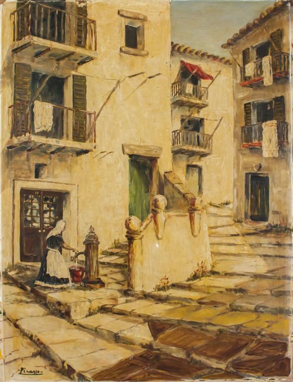 Spanish Oil on Board Signed Picasso: Oil on board. Featuring a city landscape scene with row of homes and cobblestone steps. Signed Picasso on the lower left corner. Stamped PABLO PICASSO and Galerie Mathias Fels PARIS on verso. 85 x 65 