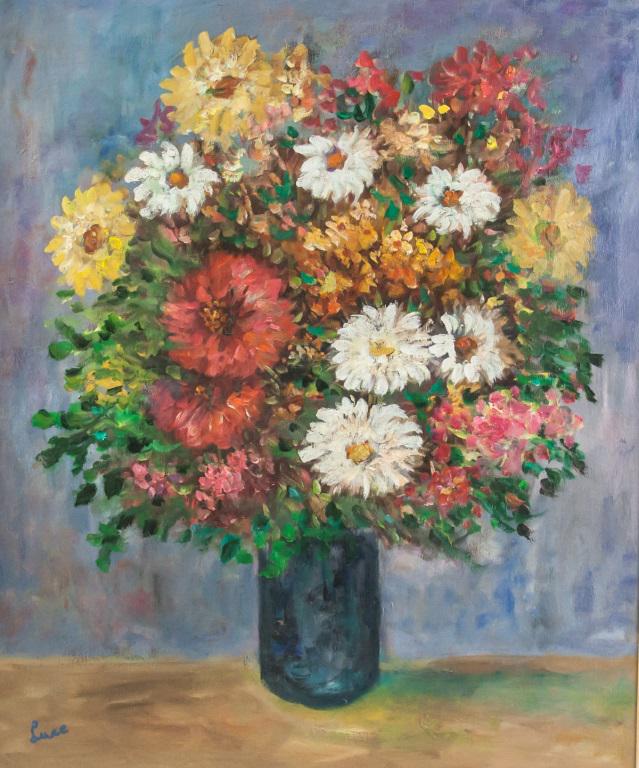 French Oil on Canvas Inscribed Maximilien Luce: Oil on canvas, framed. Featuring still-life of a bouquet of flowers in a black vase. Signed "Luce" to the bottom left corner. Label on verso reads "Maximilien Luce'. Canvas size: 61 x 51 cm (24 x 20 i