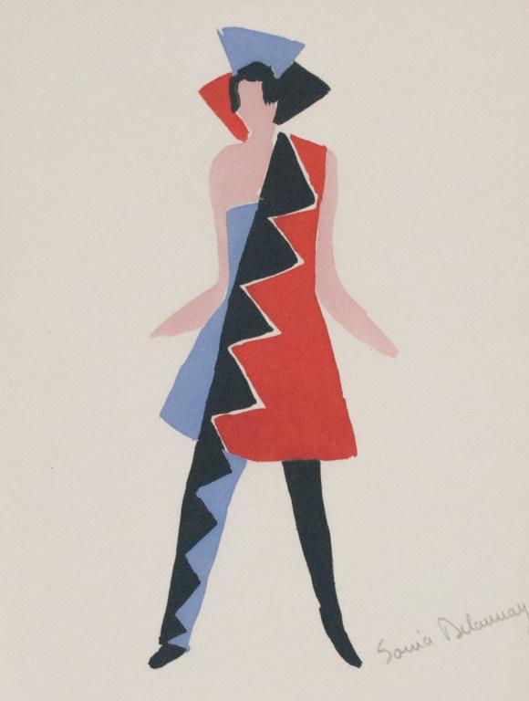 French Litho on Paper Signed Sonia Delaunay: Lithograph on paper. Featuring a woman in a dress with a saw-teeth pattern. Signed "Sonia Delaunay" to the bottom right. 24.5 x 16.5 cm (9.6 x 6.5 inches). Provenance: This lot carries limited provena